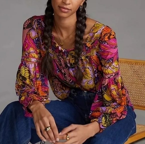 Anthropologie‎ Alexandra Farmer Puff Sleeve Butterfly Blouse Pink Size XS - Picture 4 of 10